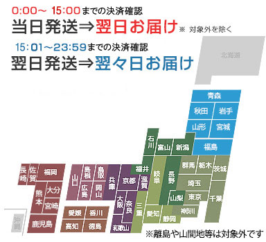 平日0時から17時半までのご注文は当日発送、翌日お届け※上記対象外を除く 17時半から24時までのご注文は翌日発送、翌々日お届け。土曜は0時から16時、日・祝・繁忙期は0時から15時までのご注文が当日発送となります